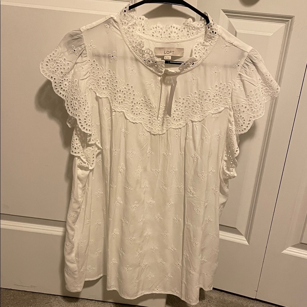 LOFT White Eyelet Ruffle top